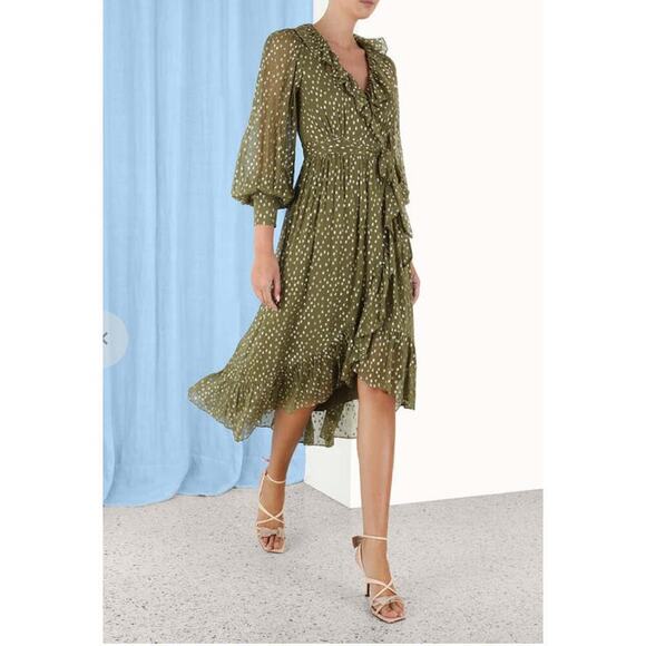 EUC $750 ZIMMERMANN Lurex Silk Wrap Midi Dress - Picture 1 of 9